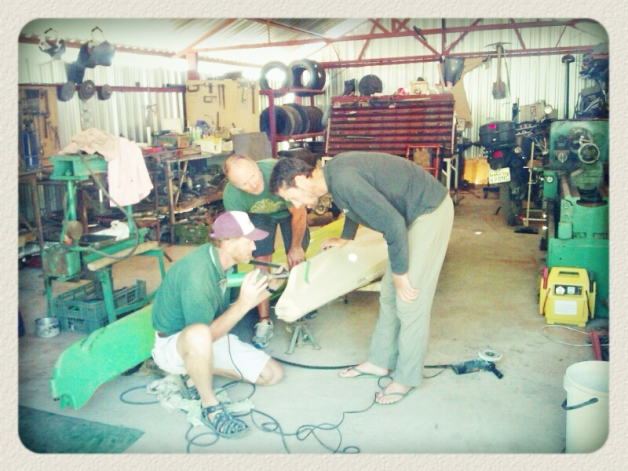 Patching up the kayaks at Jaco de Bruin’s workshop.